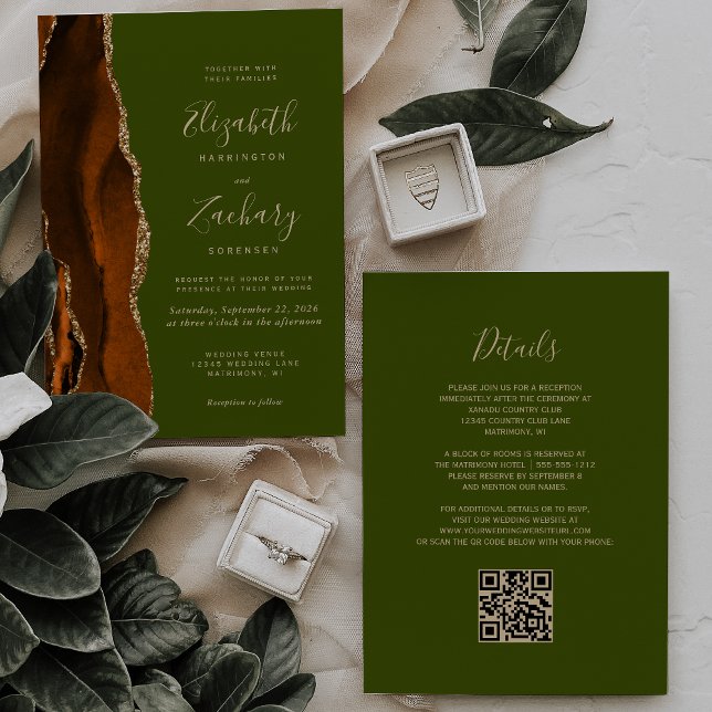 Burnt Orange Agate Olive Green QR Code Wedding Invitation (Creator Uploaded)