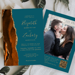 Burnt Orange Agate Teal Photo QR Code Wedding Invitation