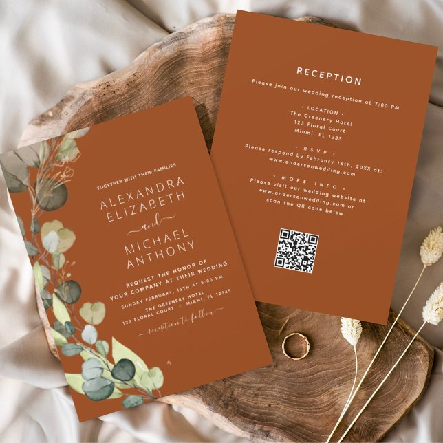 Burnt Orange All in One Eucalyptus QR Code Wedding Invitation (Creator Uploaded)