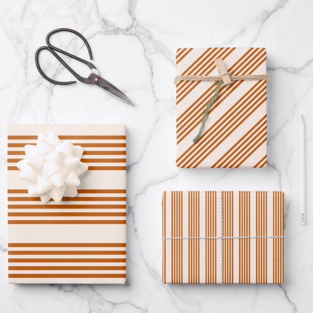 Burnt orange and beige five stripe pattern wrapping paper sheet (Front)