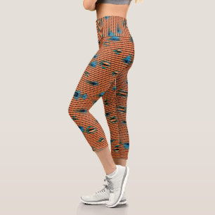 Burnt Orange and Blue Fabric Pattern Capri Leggings