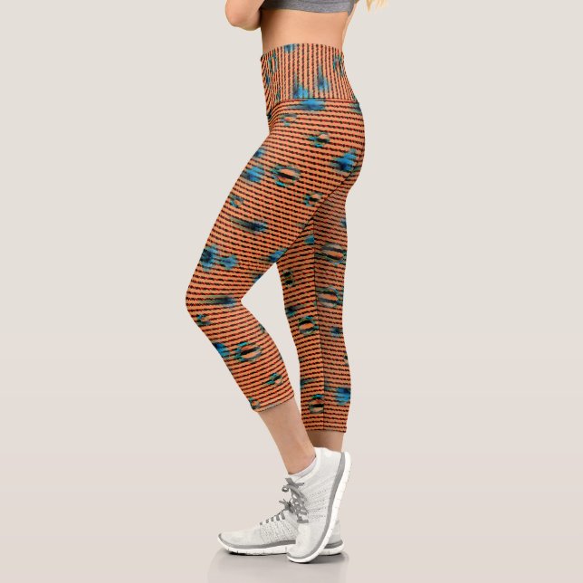 Burnt Orange and Blue Fabric Pattern Capri Leggings (Left)