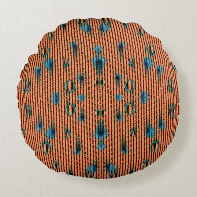 Burnt Orange and Blue Fabric Pattern Round Cushion (Front)