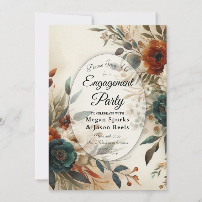 Burnt Orange and Blue Fall Flowers Engagement  Invitation (Front)