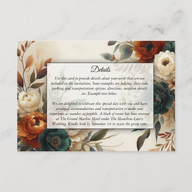 Burnt Orange and Blue Fall Flowers Wedding Enclosure Card (Front)