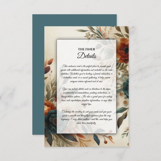 Burnt Orange and Blue Fall Flowers Wedding Enclosure Card (Front/Back)