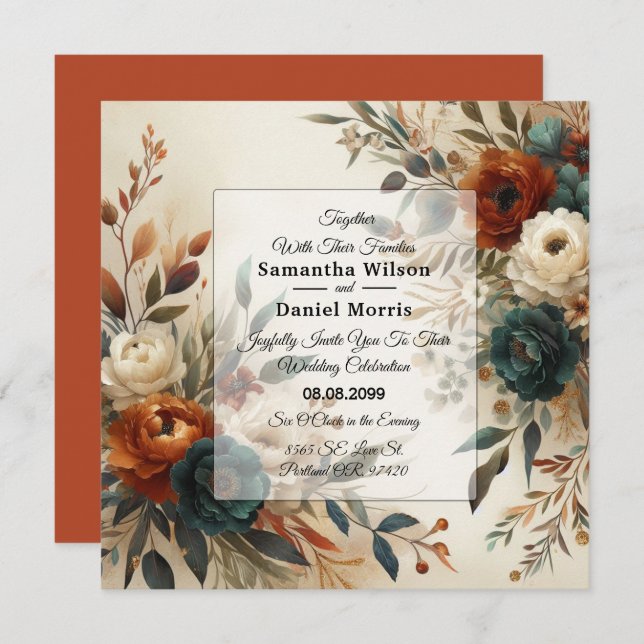Burnt Orange and Blue Fall Flowers Wedding Invitation (Front/Back)