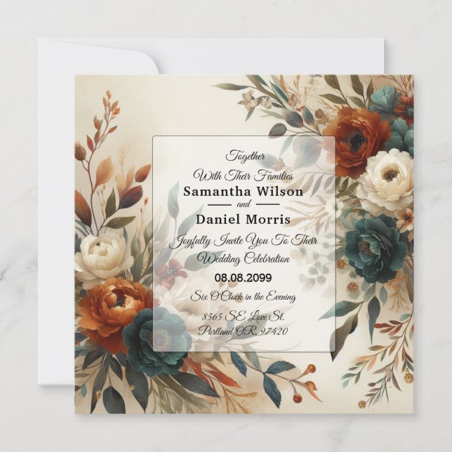 Burnt Orange and Blue Fall Flowers Wedding Invitation (Front)