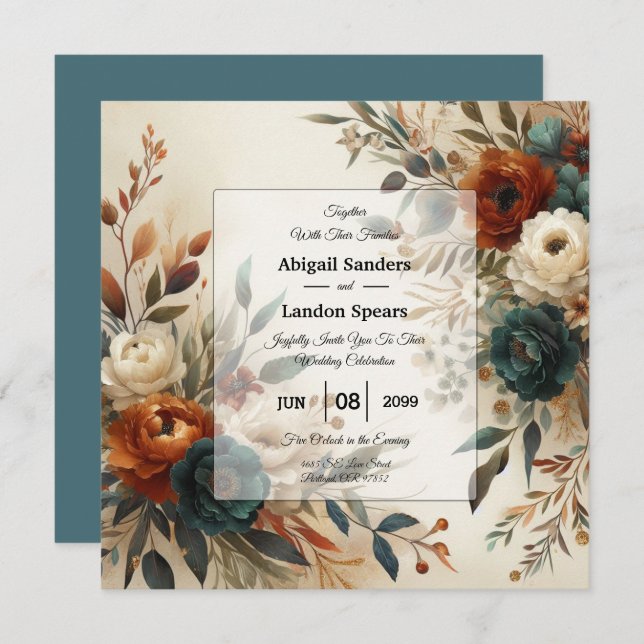Burnt Orange and Blue Fall Flowers Wedding Invitation (Front/Back)