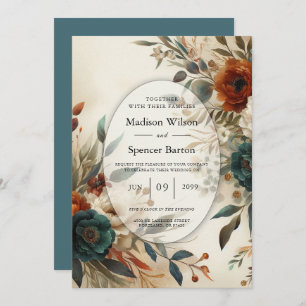 Burnt Orange and Blue Fall Flowers Wedding Invitation