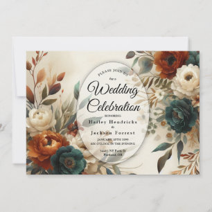 Burnt Orange and Blue Fall Flowers Wedding  Invitation