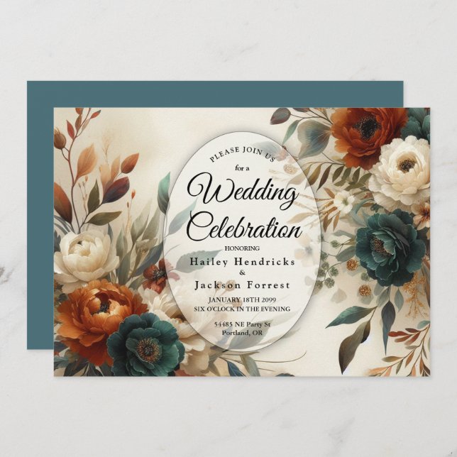 Burnt Orange and Blue Fall Flowers Wedding  Invitation (Front/Back)