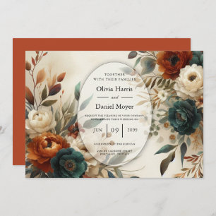 Burnt Orange and Blue Fall Flowers Wedding Invitation