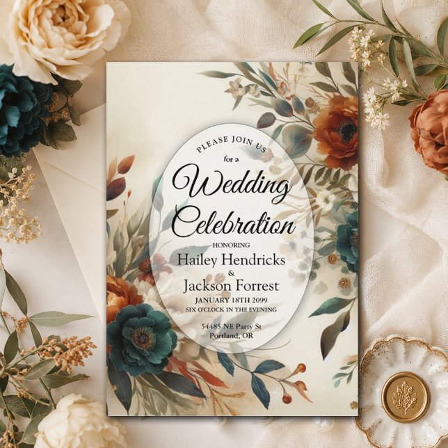 Burnt Orange and Blue Fall Flowers Wedding Invitation (Creator Uploaded)