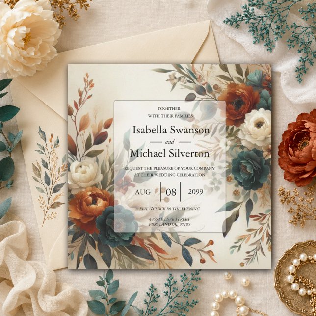 Burnt Orange and Blue Fall Flowers Wedding  Invitation (Creator Uploaded)