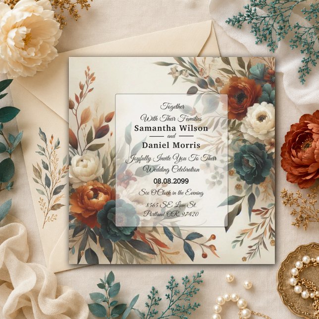 Burnt Orange and Blue Fall Flowers Wedding Invitation (Creator Uploaded)