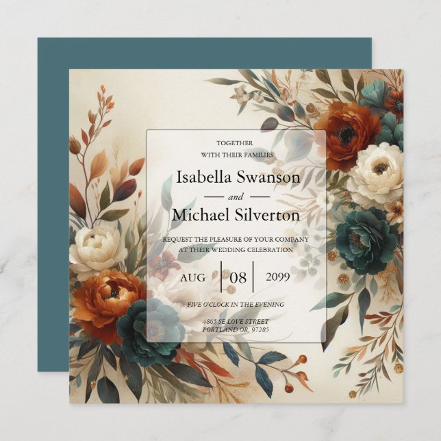 Burnt Orange and Blue Fall Flowers Wedding  Invitation (Front/Back)