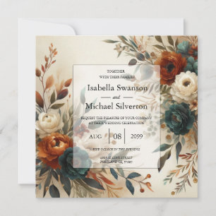 Burnt Orange and Blue Fall Flowers Wedding  Invitation