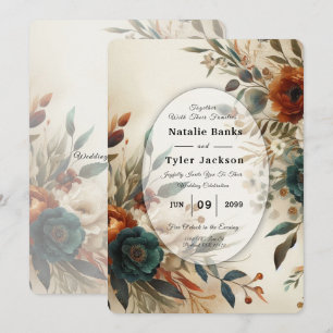 Burnt Orange and Blue Fall Flowers Wedding Invitation