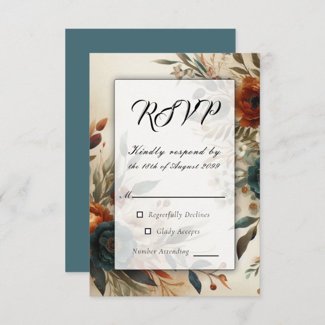 Burnt Orange and Blue Fall Flowers Wedding RSVP Card (Front/Back)