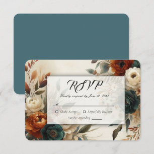 Burnt Orange and Blue Fall Flowers Wedding RSVP Card