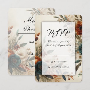 Burnt Orange and Blue Fall Flowers Wedding RSVP Card