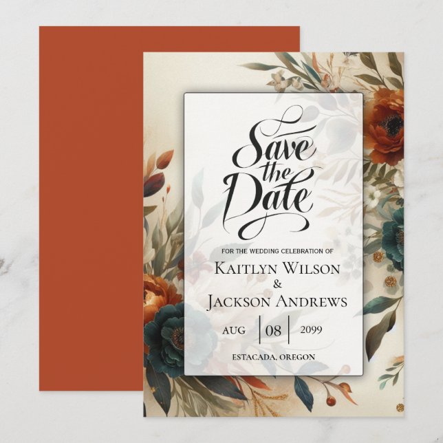 Burnt Orange and Blue Fall Flowers Wedding Save The Date (Front/Back)