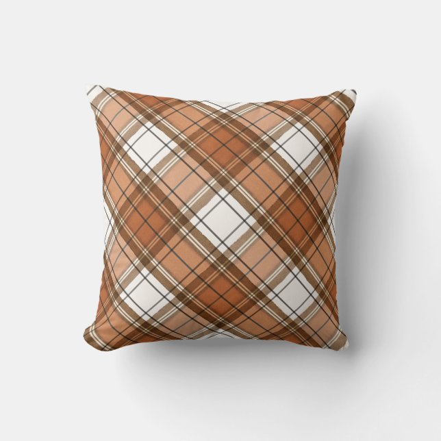 Burnt Orange and Brown Plaid Fall Throw Pillow (Front)