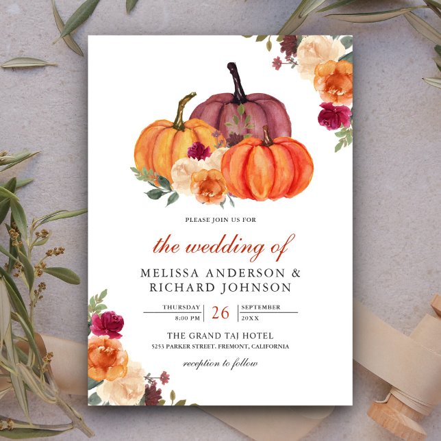 Burnt Orange and Burgundy Floral Pumpkin Wedding Invitation (Creator Uploaded)