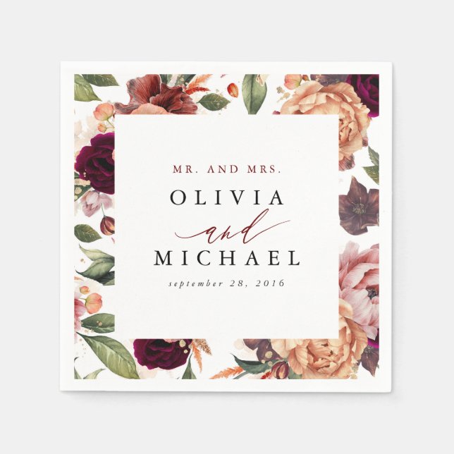 Burnt Orange and Burgundy Red Rustic Floral Napkin (Front)