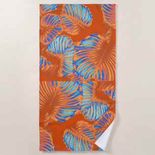 Burnt Orange and Electric Blue Tropical Leaves Beach Towel