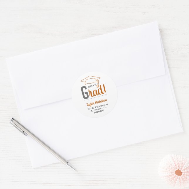 Burnt Orange and Grey Graduation Cap Envelope Classic Round Sticker (Envelope)