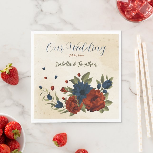 burnt orange and navy blue floral napkin (Insitu)