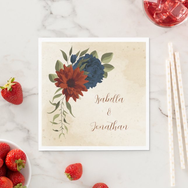 burnt orange and navy blue floral napkin (Insitu)