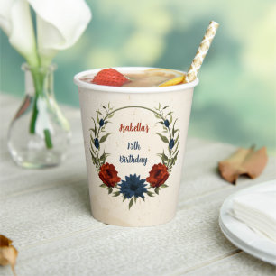 burnt orange and navy blue floral paper cups