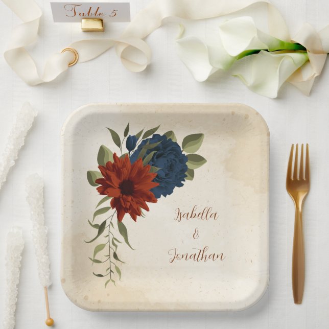 burnt orange and navy blue floral paper plate (Wedding)