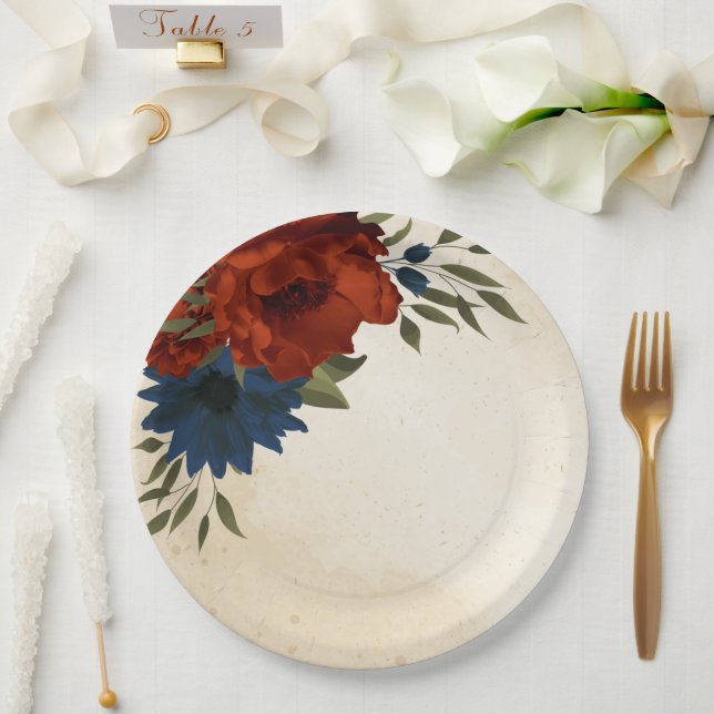 burnt orange and navy blue floral paper plate (Wedding)