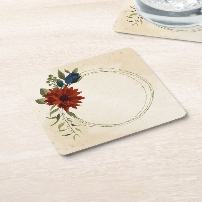 burnt orange and navy blue floral square paper coaster (Angled)