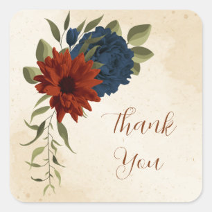 burnt orange and navy blue floral thank you square sticker