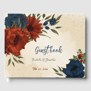 burnt orange and navy blue floral wedding guest book
