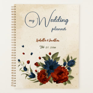burnt orange and navy blue floral wedding planner