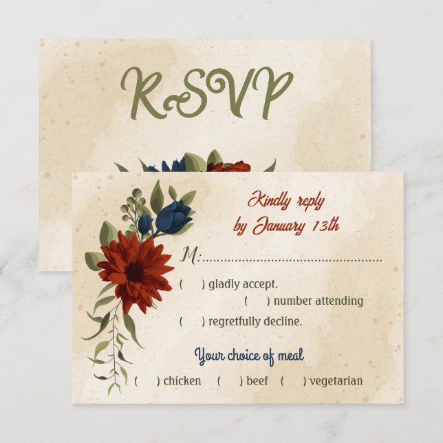 burnt orange and navy blue flowers meal choice RSVP card (Front/Back)