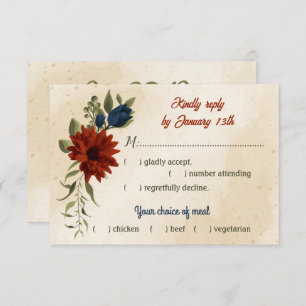 burnt orange and navy blue flowers meal choice RSVP card