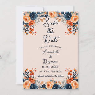Burnt Orange and Navy Floral Save the Date Invitation