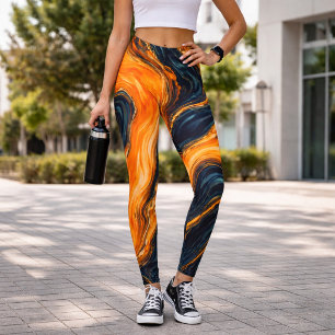 Burnt Orange and Navy Marble Bold Swirl  Leggings