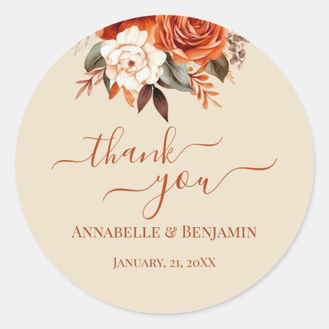 Burnt Orange and Rust Floral Details Enclosure Classic Round Sticker (Front)