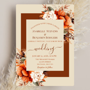 Burnt Orange and Rust Floral with QR code Wedding Invitation