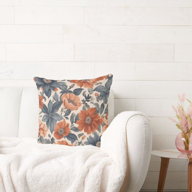 Burnt Orange and Smoky Blue Floral Cushion (Couch)