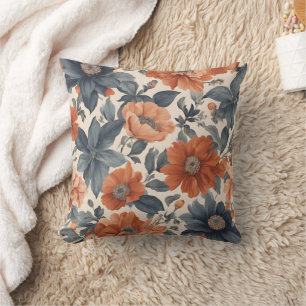 Burnt Orange and Smoky Blue Floral Cushion