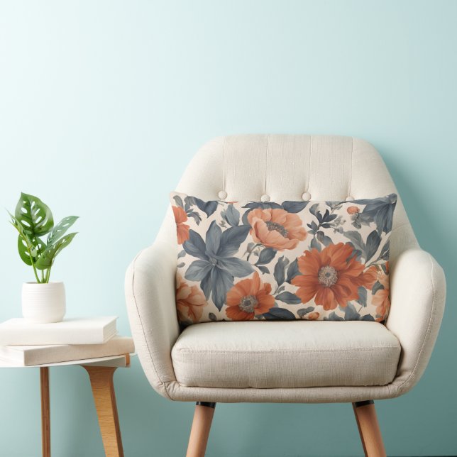 Burnt Orange and Smoky Blue Floral Lumbar Cushion (Chair)